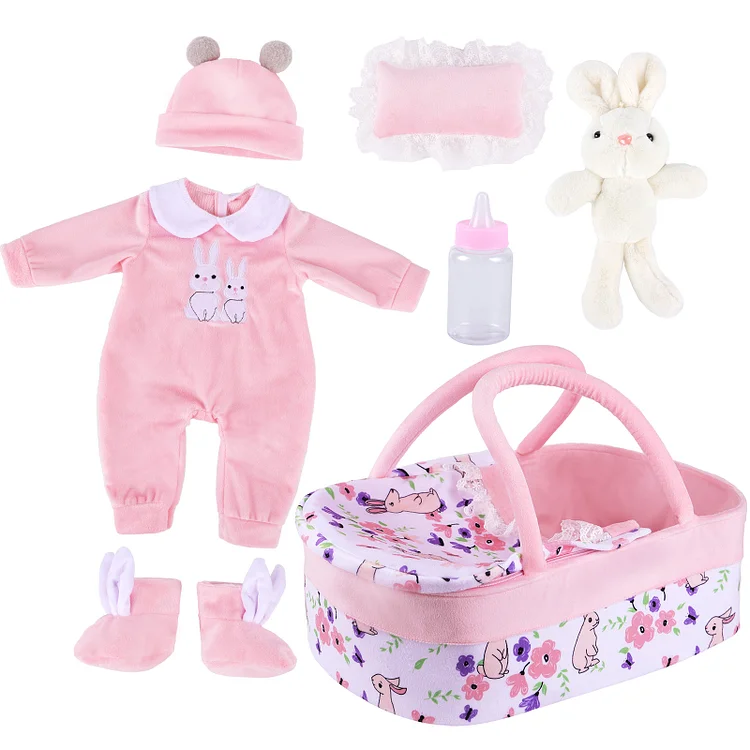 [Suitable for 17-22'' Dolls] Babeside Reborn Baby Essentials-8pcs Set Pink Rabbit