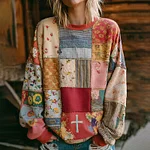 Women's Cross Floral Patchwork Art Cozy Sweatshirt - Image 2