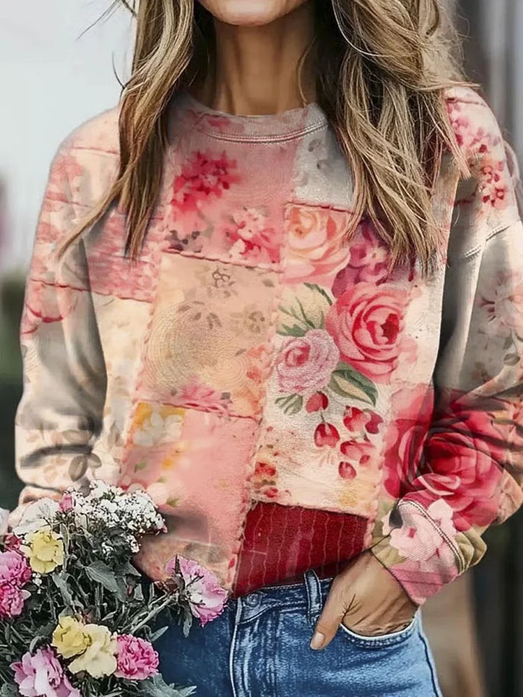 Women's Vintage Lovely Floral Art Print Casual Sweatshirt