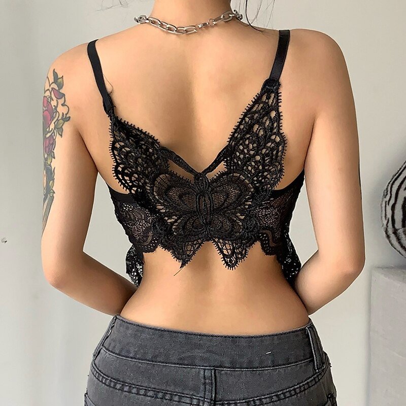 Sweetown Back Butterfly Shape Cute Lace Cami Top Sleeveless V Neck Sexy Party Tank Tops For Women See Through Rave Club Outfits