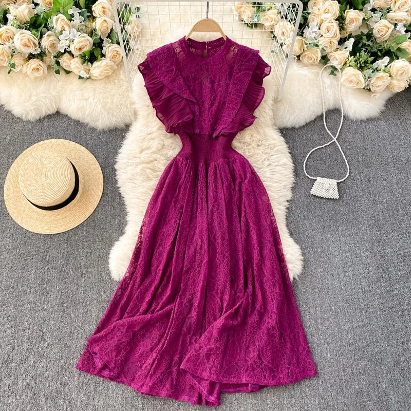 Croysier Dresses For Women 2022 Elegant Office Lady Ruffle Lace Dress Summer Clothes Sleeveless Round Neck Vintage Midi Dress