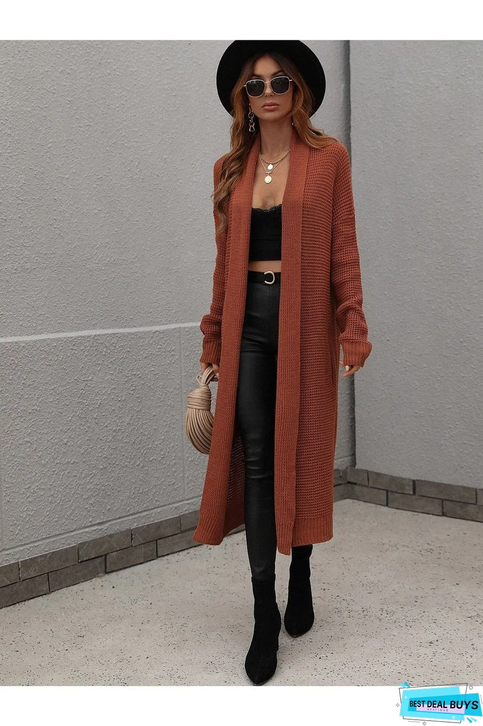 Waffle Knit Open Front Duster Cardigan With Pockets