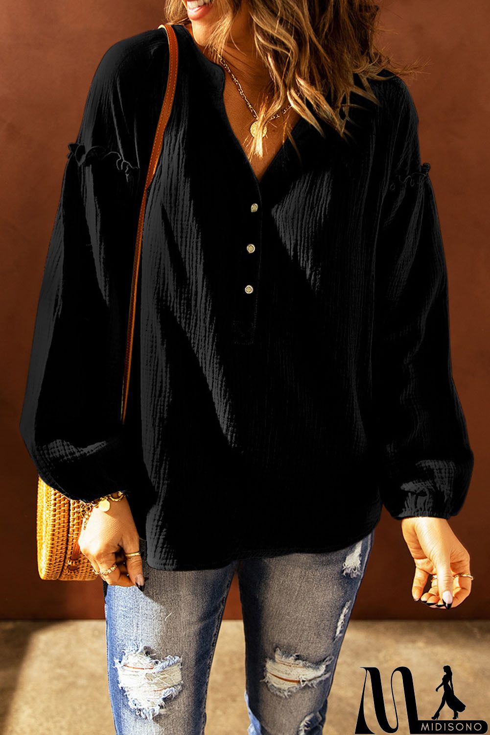 MidiSono - Black Casual Crinkled Blouse Top