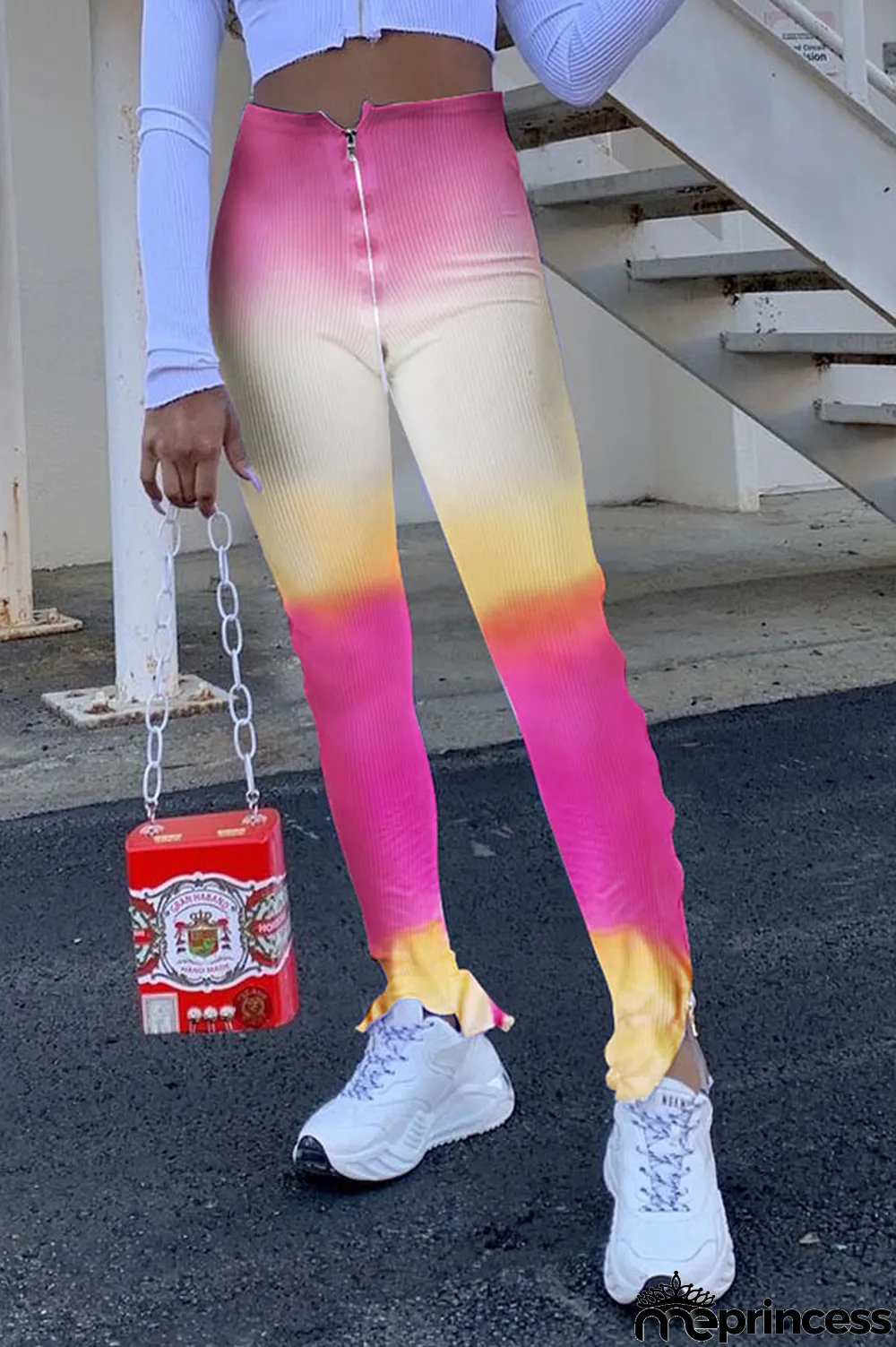 Red Polyester Zipper Fly High Print pencil Pants Bottoms