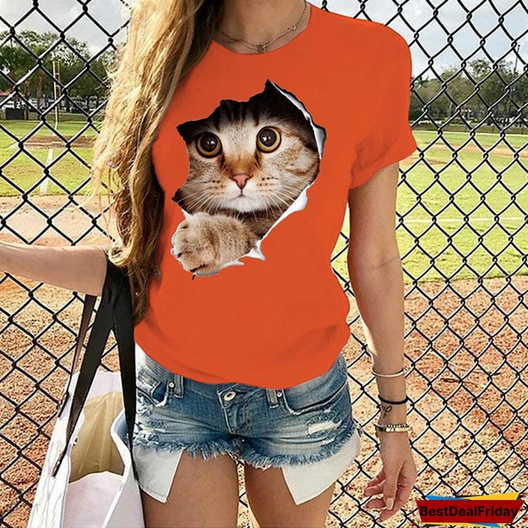 Fashion Funny Cat Printed T-shirts Women Summer Casual Short Sleeved T-shirts Round Neck Tops