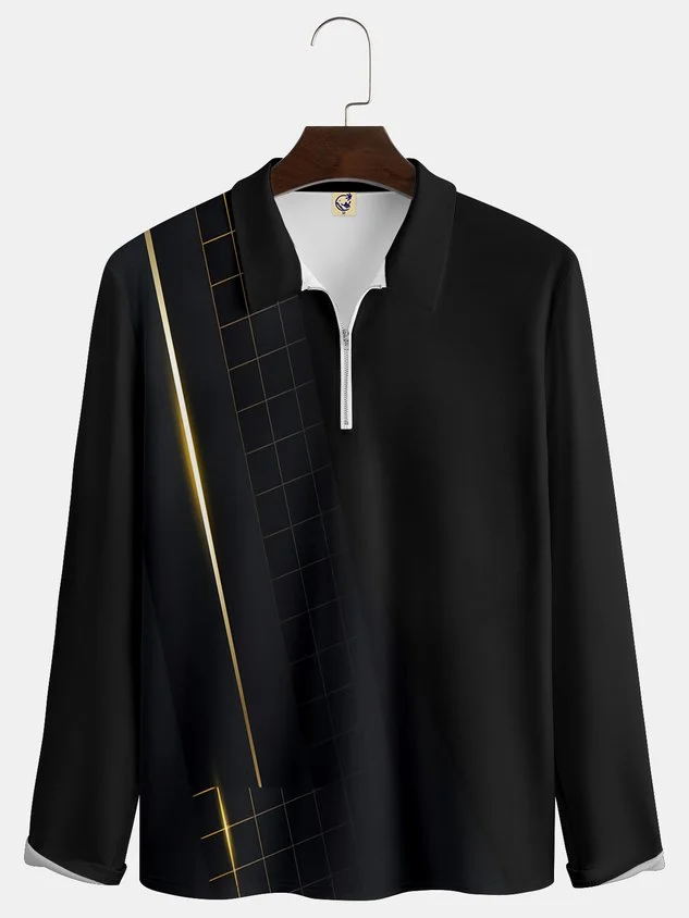 Casual Art Collection 3D Gradient Geometric Stripes Color Block Pattern Lapel Long Sleeve Polo Print Top