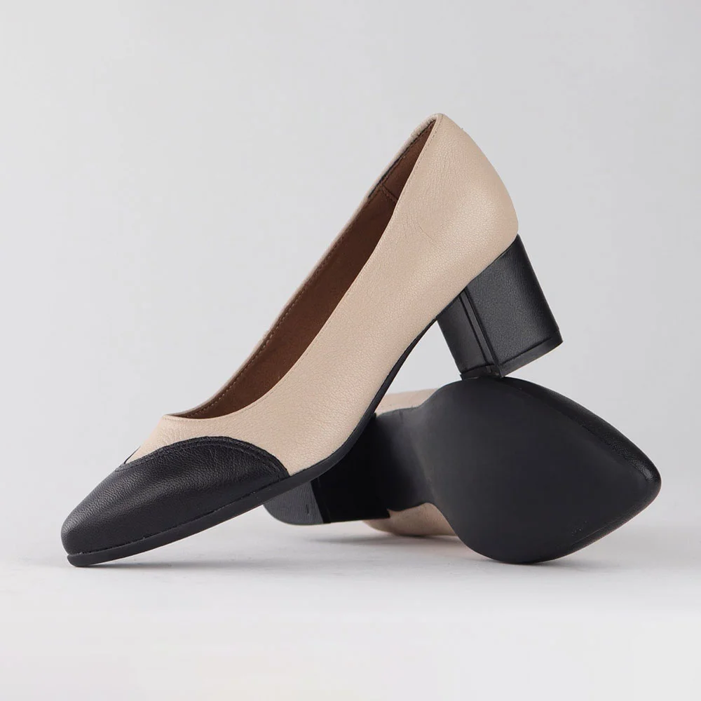 Black & Beige Vegan Leather Pointed Toe Business Block Heel Pumps