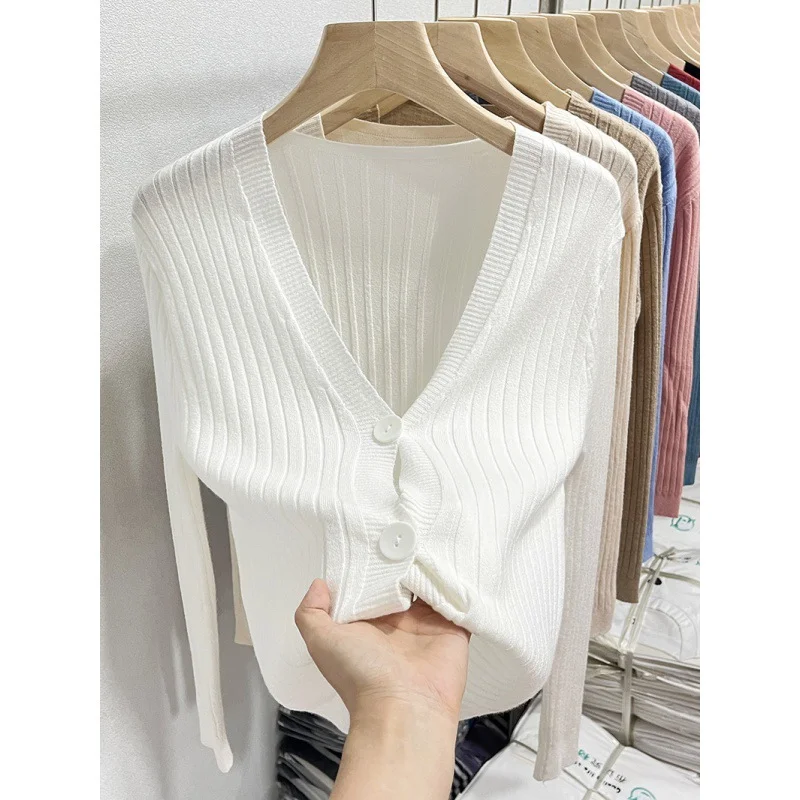Uveng Uveng Knitted V-Necked Cardigan Trend New Thin Shirt Sweater Coat Short Top Female