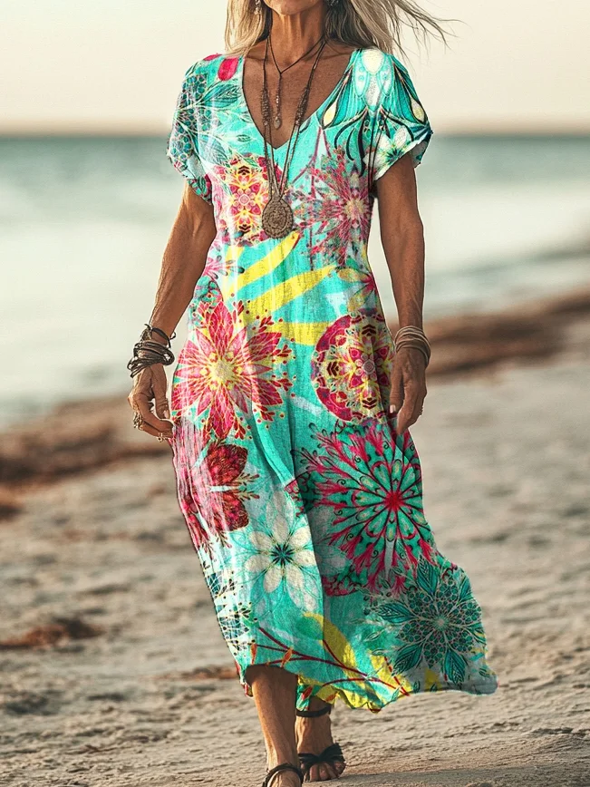 Women's Vintage Floral Art Print Short Sleeve Pocket Cotton Linen Dress