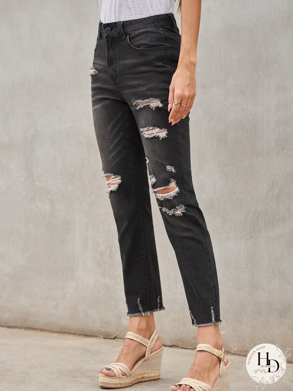 Retro Distressed Straight Leg Black Denim Jeans