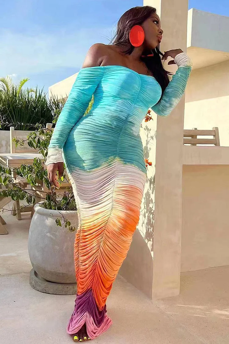 Multicolored Ruched Off Shoulder Long Sleeve Bodycon Maxi Dresses -Blue