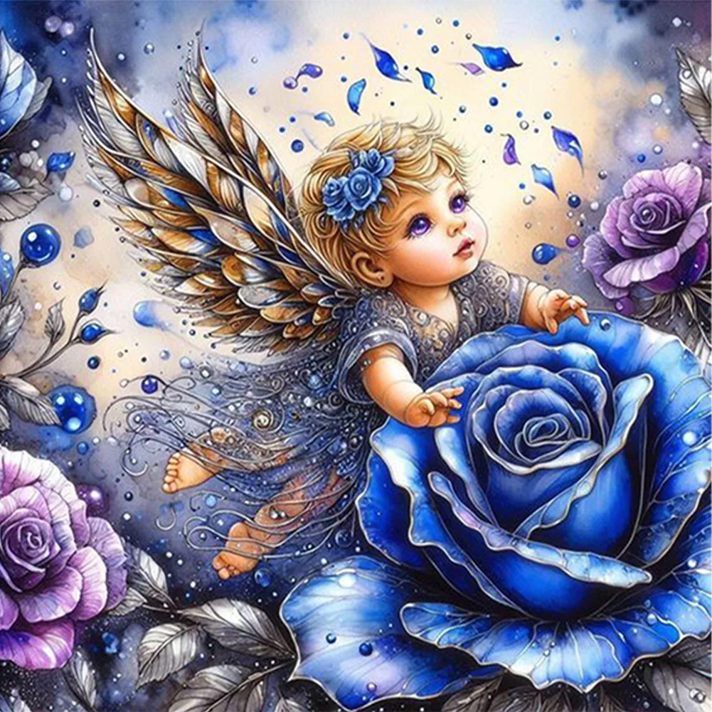 5D DIY Full Round Drill Partial AB Diamond Painting Angel Blue Rose Kit 45x45cm