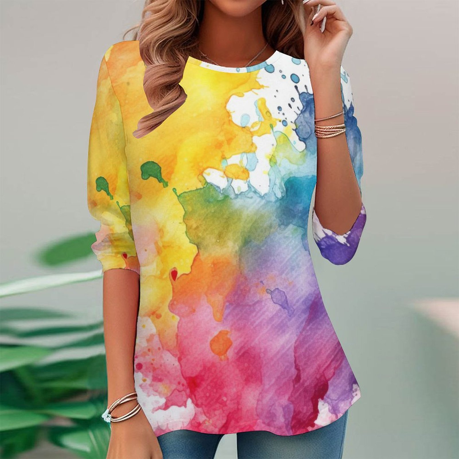Women Long Sleeve V-neck Graphic Floral Printed Top