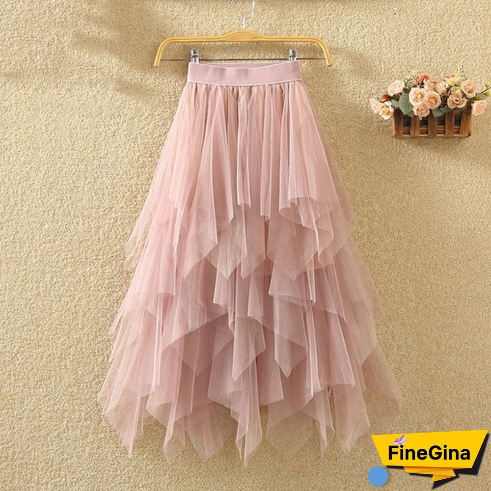 Women Summer Tulle Skirt Elastic Mesh Layered High Waist Pleated Ladies Midi Skirt