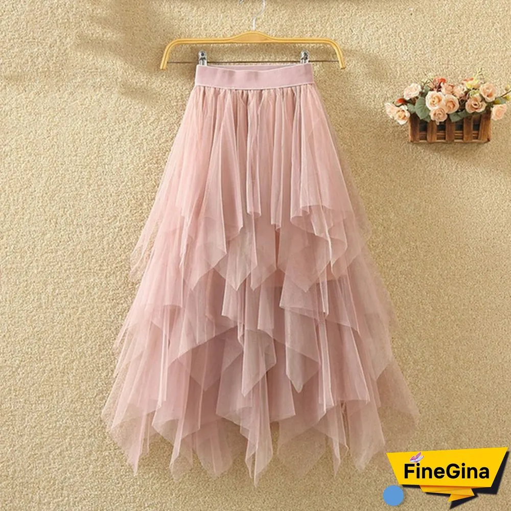 Women Summer Tulle Skirt Elastic Mesh Layered High Waist Pleated Ladies Midi Skirt