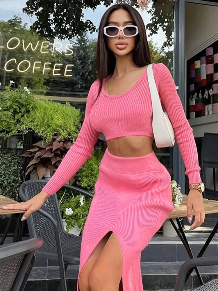 WannaThis Knit Two Piece Women Sets O Neck Slim Top Ankle Length Side Split Skirt Streetwear Fall Lady Elegant Sexy Skirt Suits