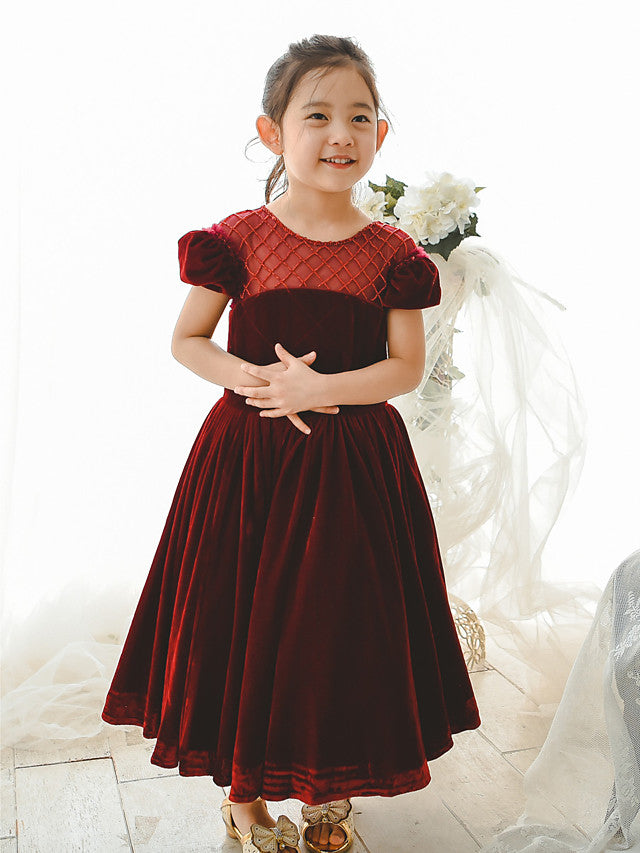 Oknass Ball Gown Short Sleeve Jewel Neck Flower Girl Dress Velvet With Pearls Lace