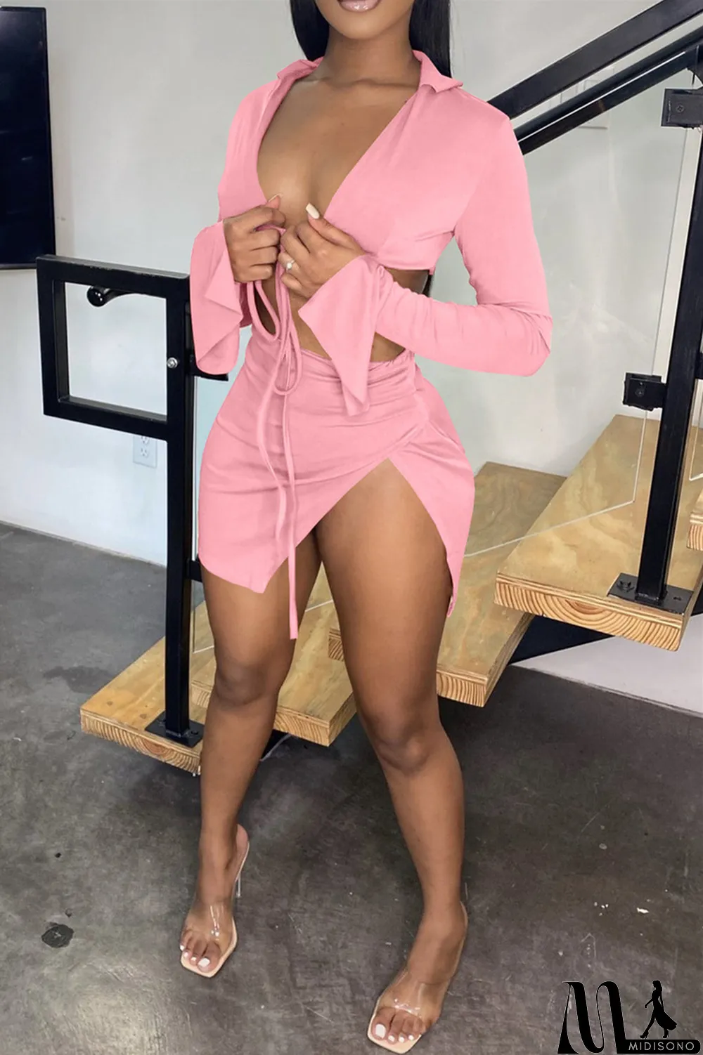 MidiSono - Khaki Sexy Casual Solid Bandage Slit V Neck Long Sleeve Two Pieces