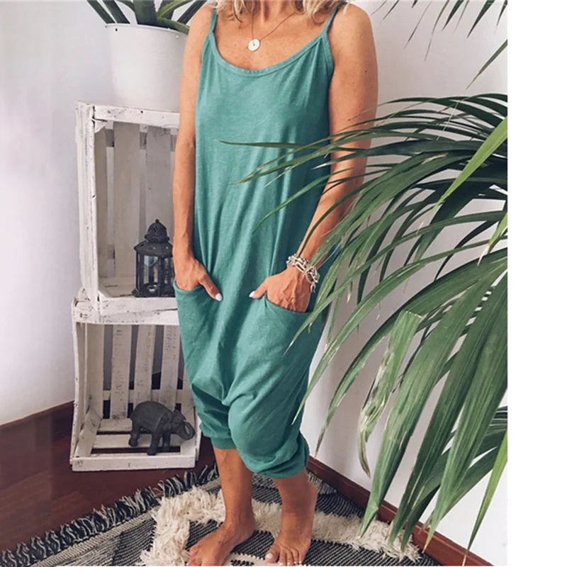 Sleeveless Loose Solid Color Sling Jumpsuit