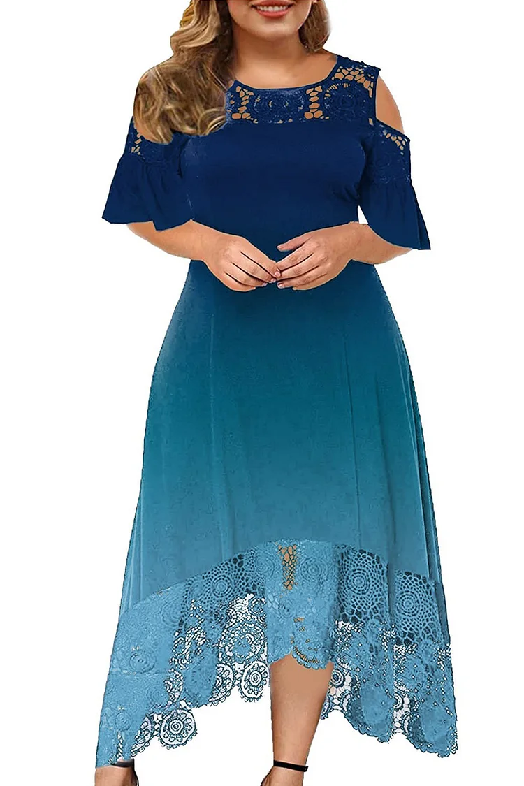 Plus Size Lace Stitching Cold Shoulder Ombre Maxi Dress