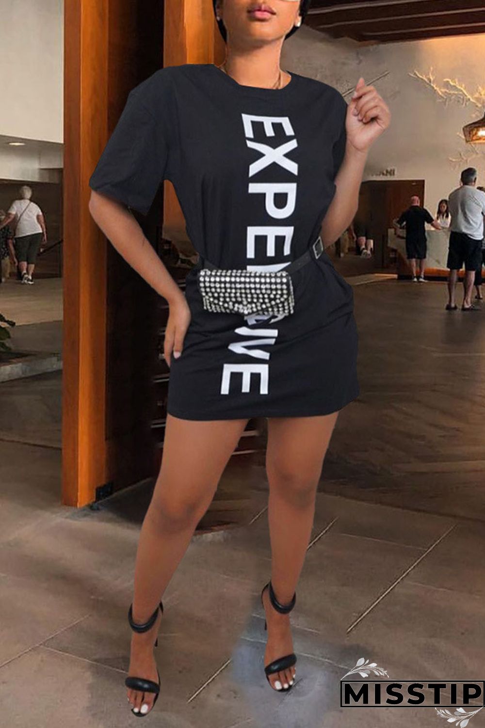 Black Casual Street Print Patchwork O Neck T-shirt Dress Dresses