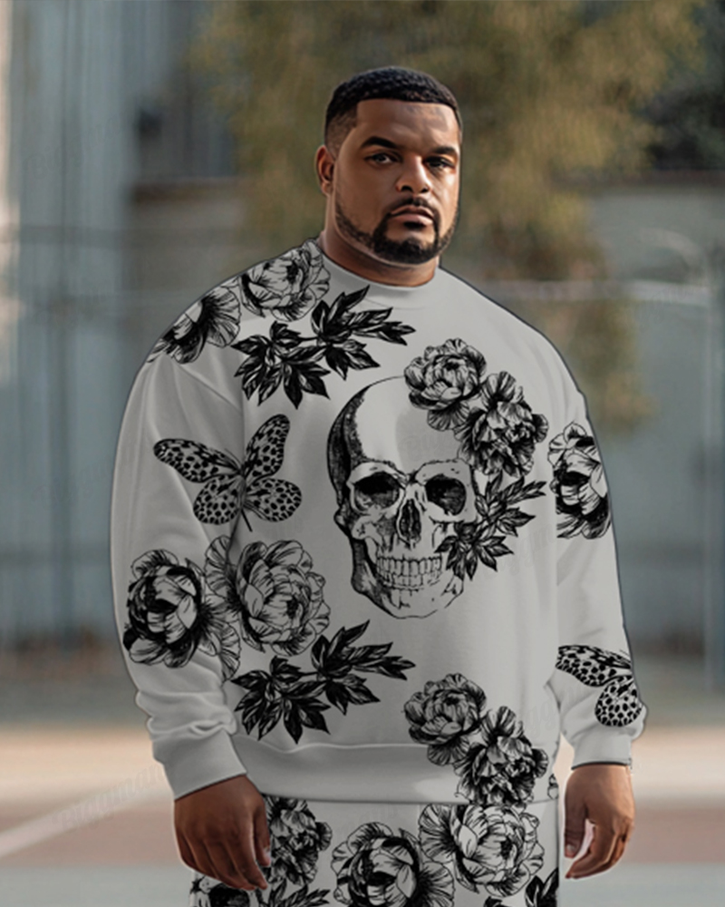 Men's Plus-size Flirtatious Skull Flower Print Sweater Two-piece Set