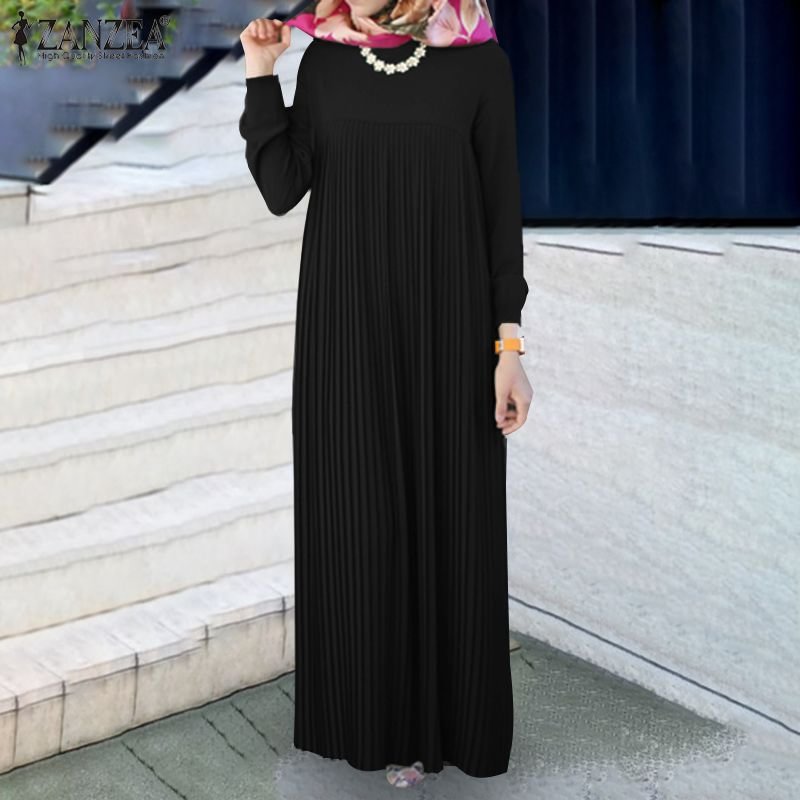 ZANZEA Fashion Women Pleated Muslim Dresses 2022 Spring Autumn Kaftan Long Sleeve Maxi Vestidos Casual Solid Loose Party Robe