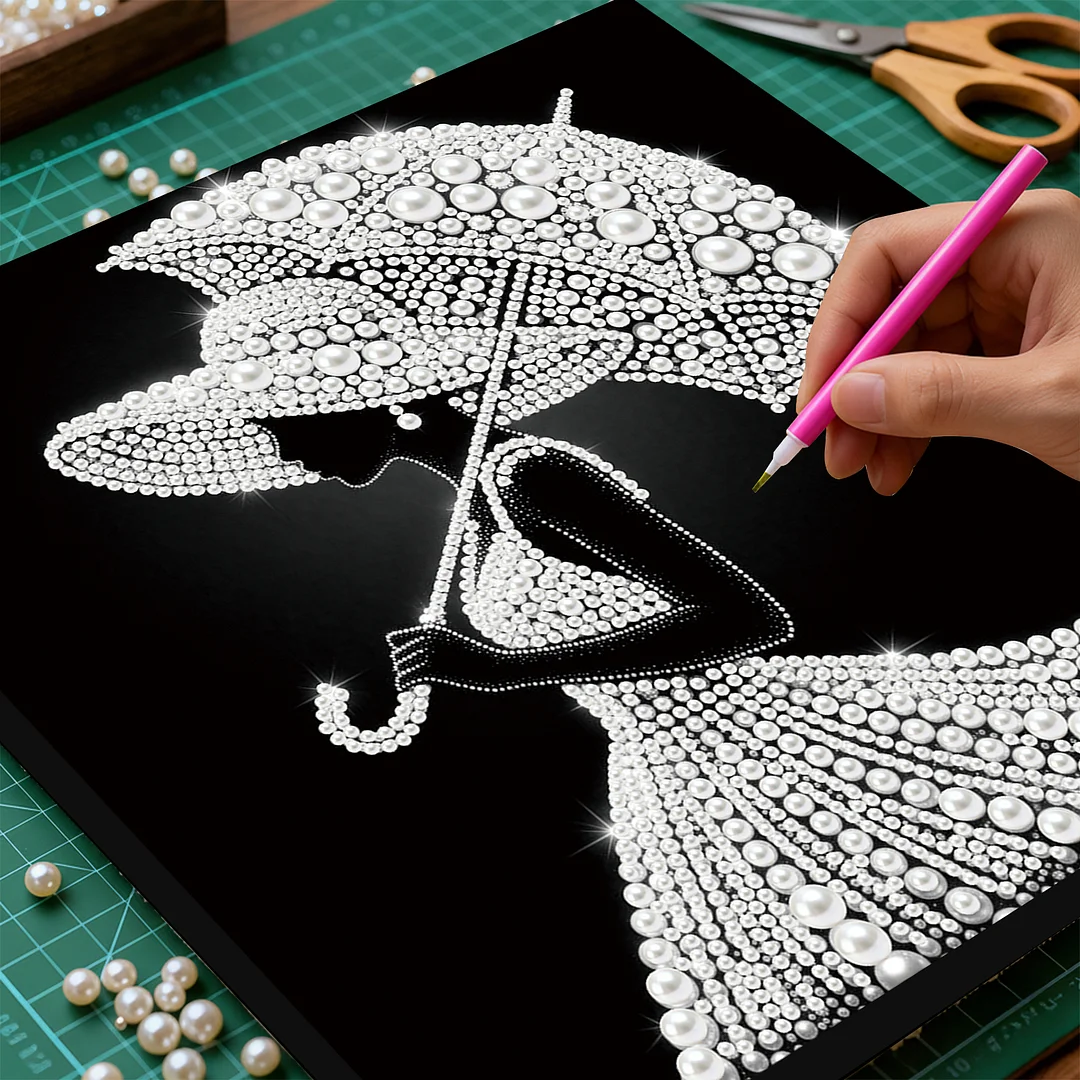 The Wealthy Lady With An Umbrella - DIY Pearl Diamond Art Kit With Frame 25*25cm
