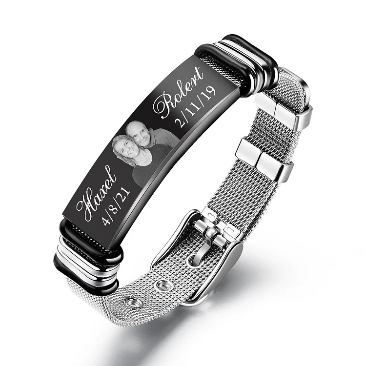 Personalized Photo Bracelet Engraved Names and Dates ID Bar Bracelet for Men Women