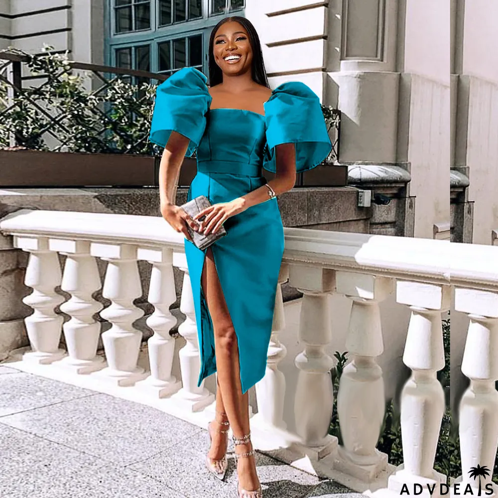 Summer Women's Solid Color Slim Puff Sleeve Dress Sexy Split Patty Dress