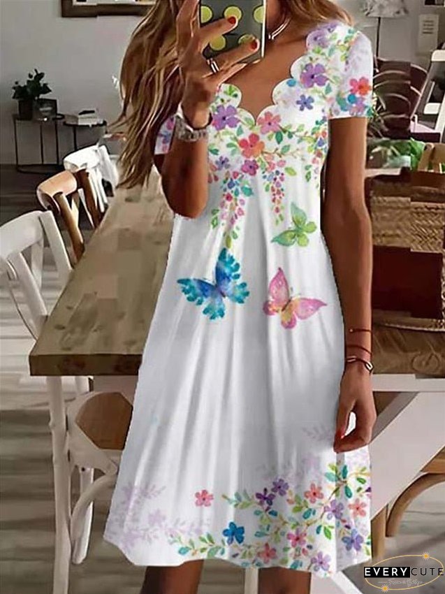 Casual Dress Summer Dress Print Dress Floral Butterfly Print Scalloped Neck Mini Dress Active Fashion Outdoor Daily Short Sleeve Regular Fit Black Blue Purple Summer Spring S M L XL XXL for Women