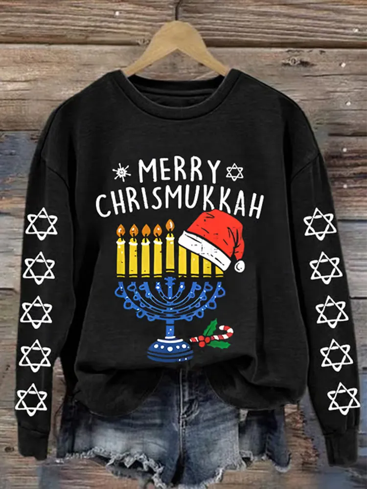 Women's Hanukkah Print Crew Neck Sweatshirt