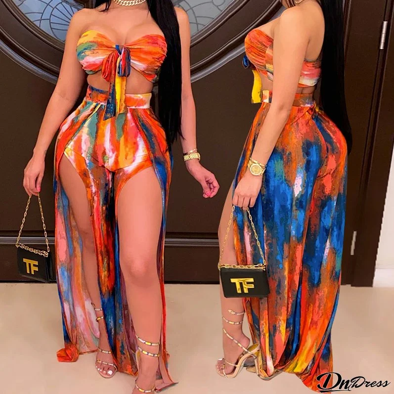 Women's Sexy Printed Irregular Strapless Two-Piece Skirt Set