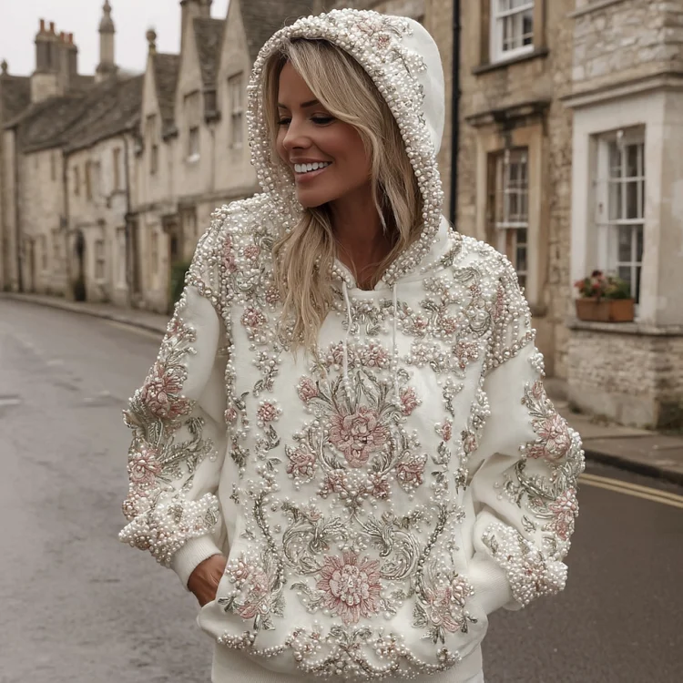 Women's Vintage Pink Flower Embroidery Art Casual Hoodie