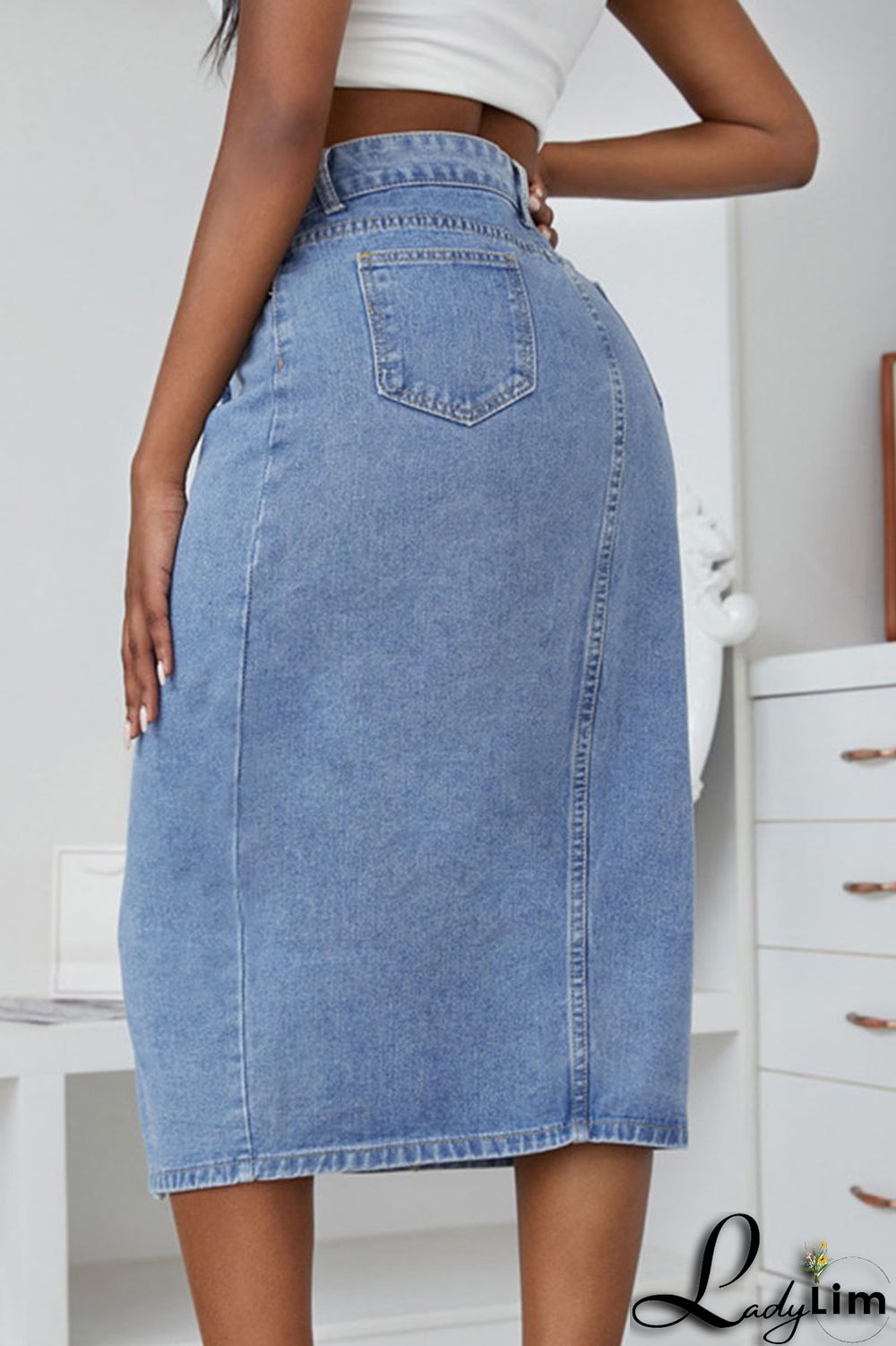 Blue Fashion Casual Solid Patchwork Buckle High Waist Straight Denim Skirts