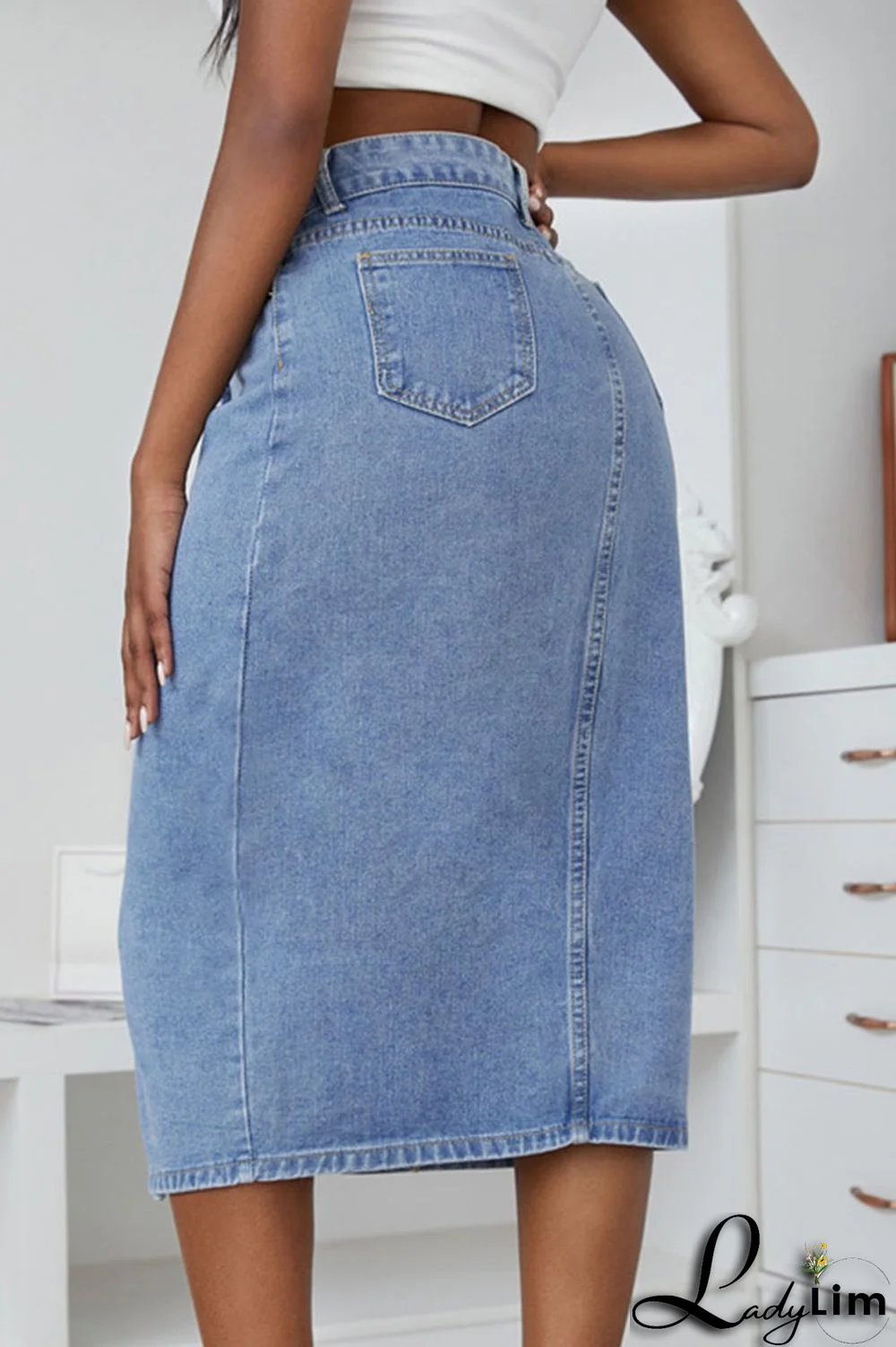 Blue Fashion Casual Solid Patchwork Buckle High Waist Straight Denim Skirts