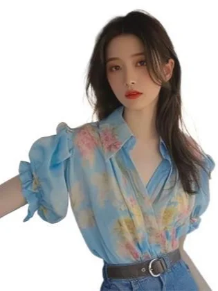 Athvotar Athvotar Spring And Summer New Small Shirt French Single Special Top Design Small Smell Blue Printed Shirt