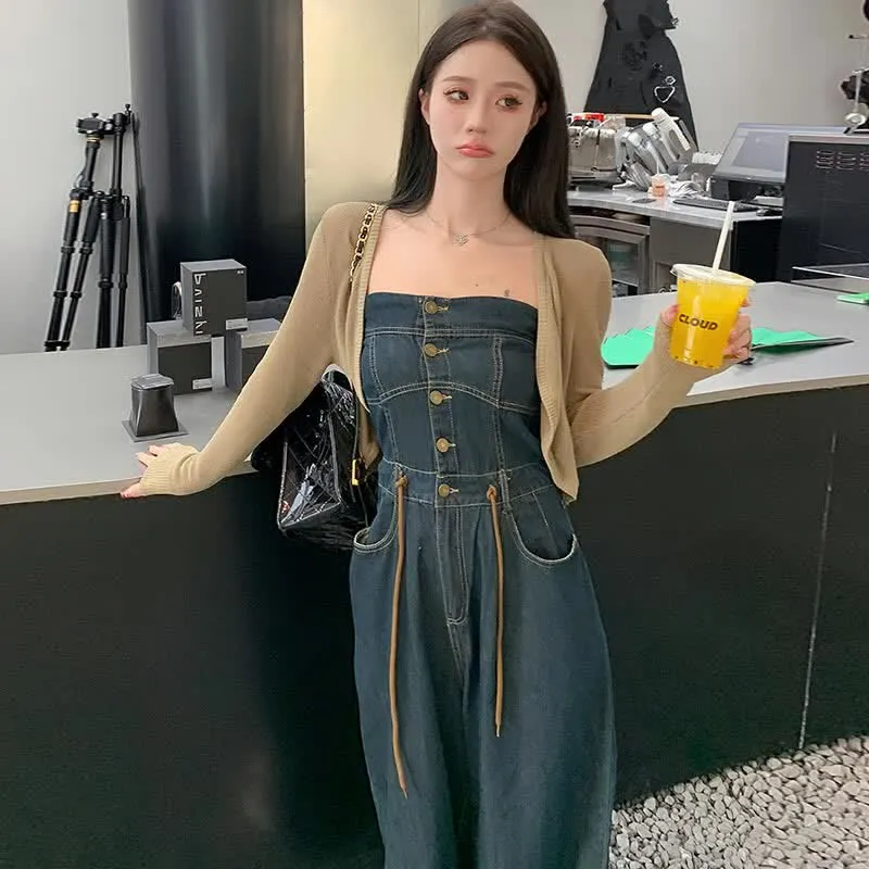 Pure Color Knit Cardigan Off The Shoulder Lace Up Denim Overalls