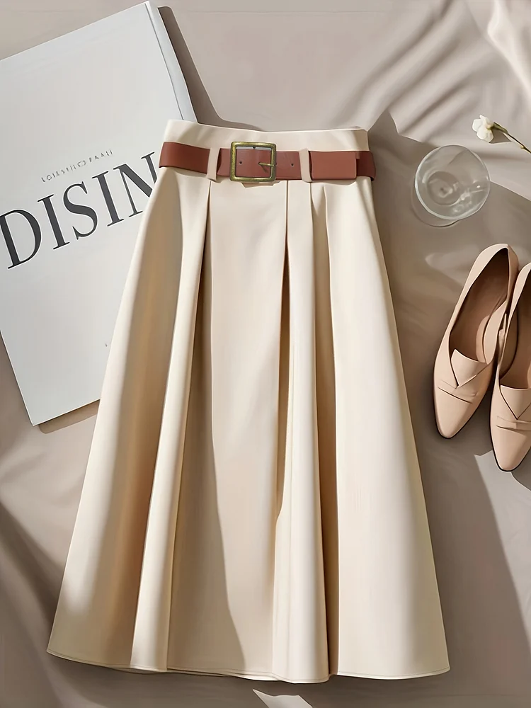 Women's High-Waisted A-Line Skirt With Adjustable Brown Belt - Lightweight Summer Office & Casual Skirt, Solid Color, Machine Washable, Office Skirt | Aline Silhouette | Glossy Fabric Finish