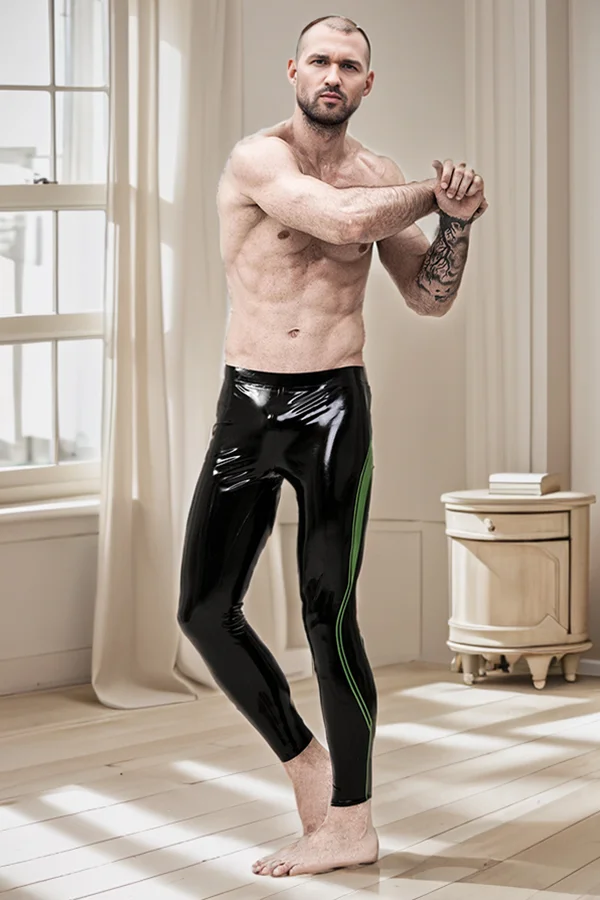 Men Latex Leggings Green Trim Classic Black Leggings (KG31861)