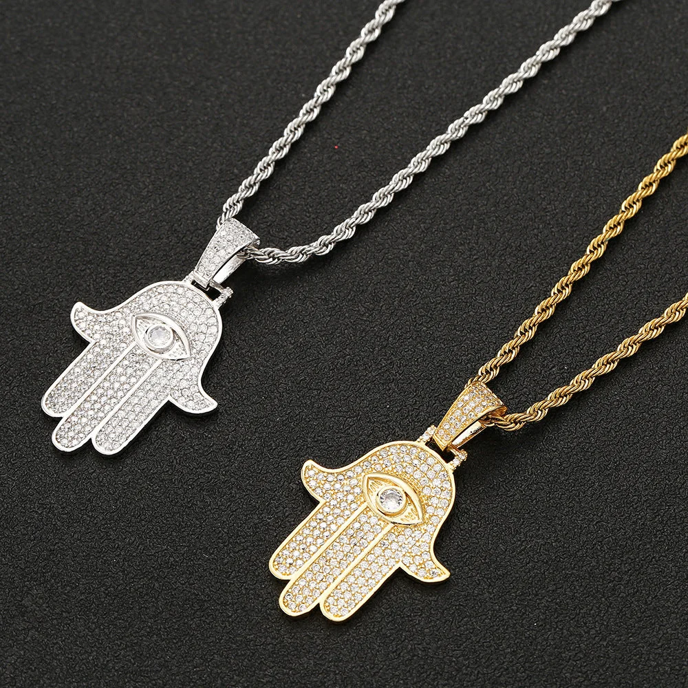 Iced Hamsa Pendant Necklace (24 inches)