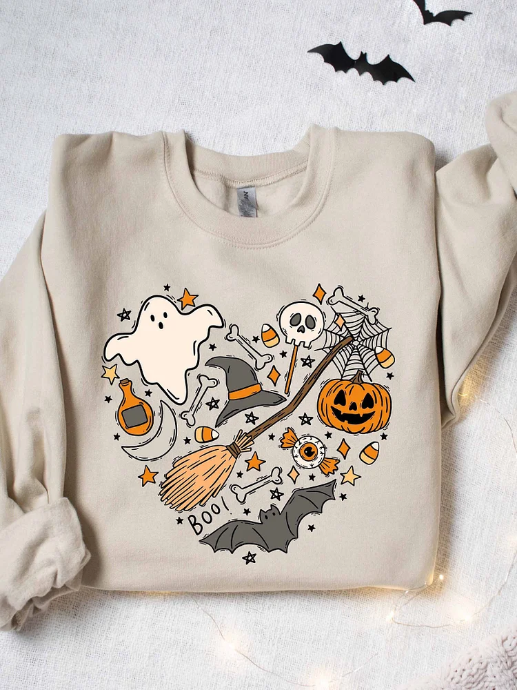 Halloween Ghost Pumpkin Bat Scary Element Heart Print Sweatshirt