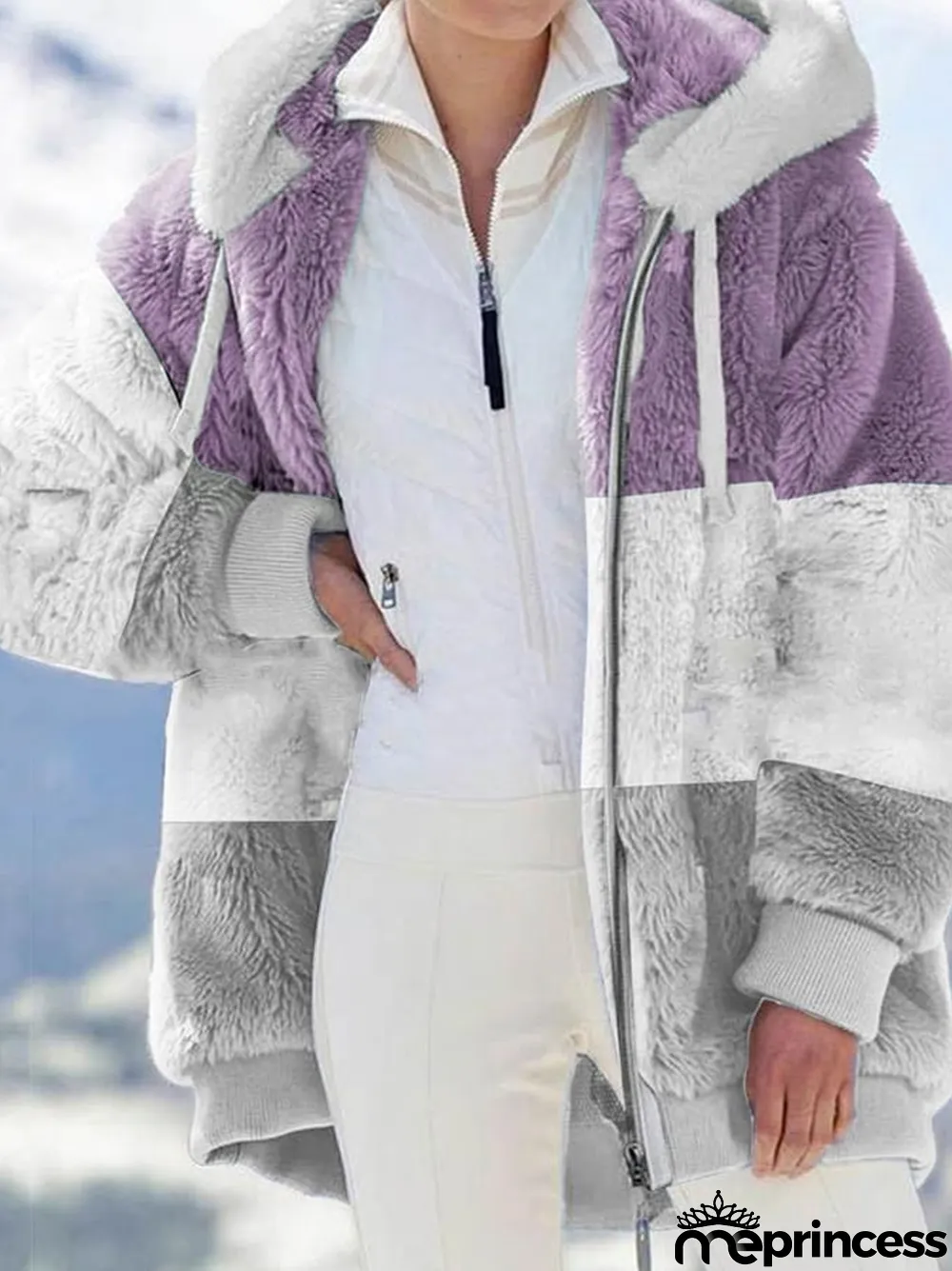 Fashion Color Blocking Plush Zipper Hooded Jacket