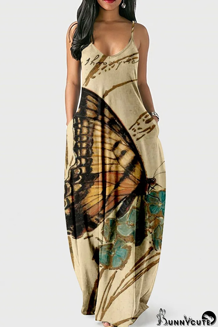 Khaki Casual Print Patchwork Spaghetti Strap Dresses