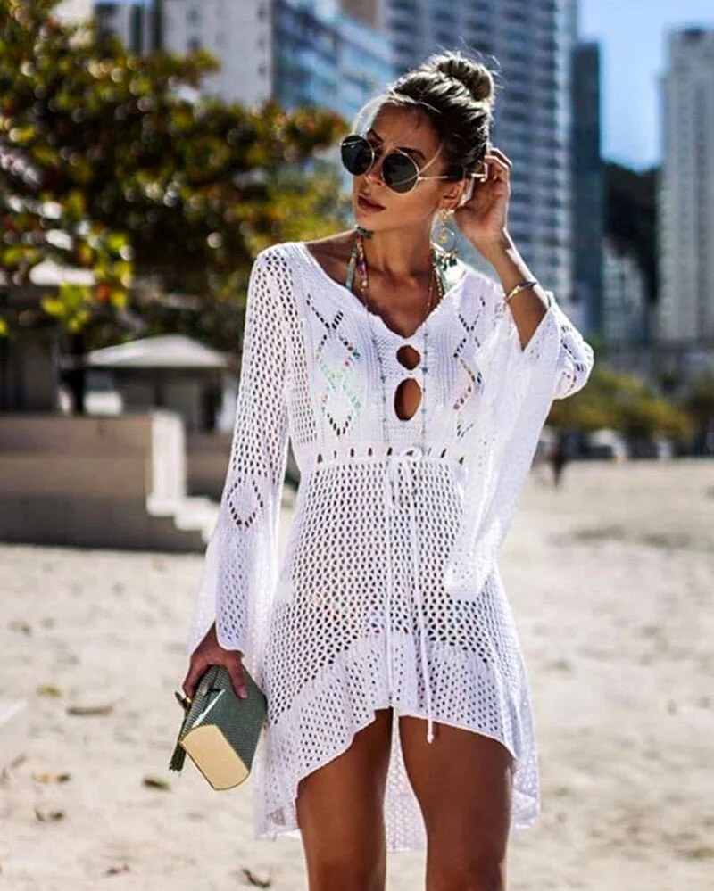 WildPinky V neck white mesh lace dress women sexy summer beach short dress Causal flare sleeve dress vestidos 2021