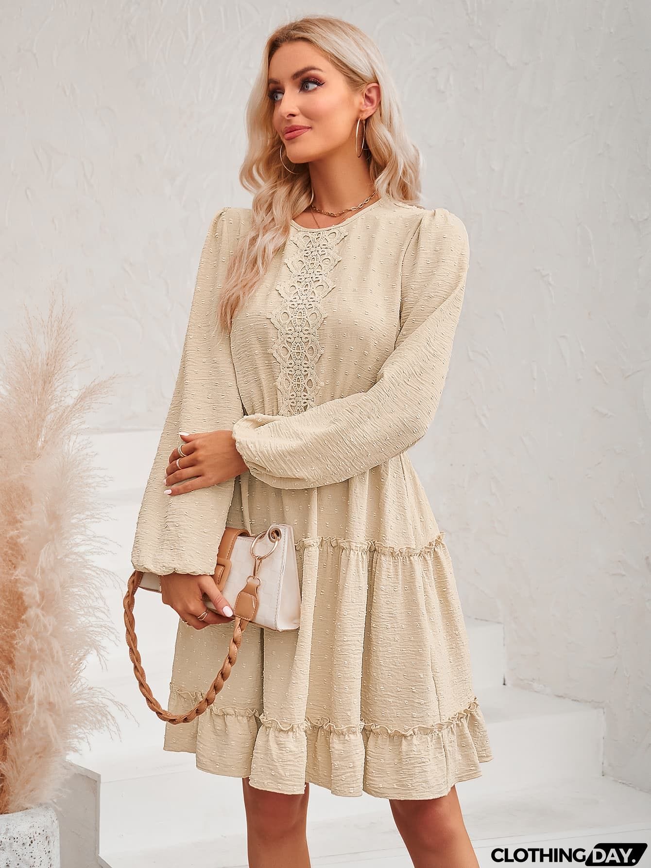 Swiss Dot Lace Trim Balloon Sleeve Dress