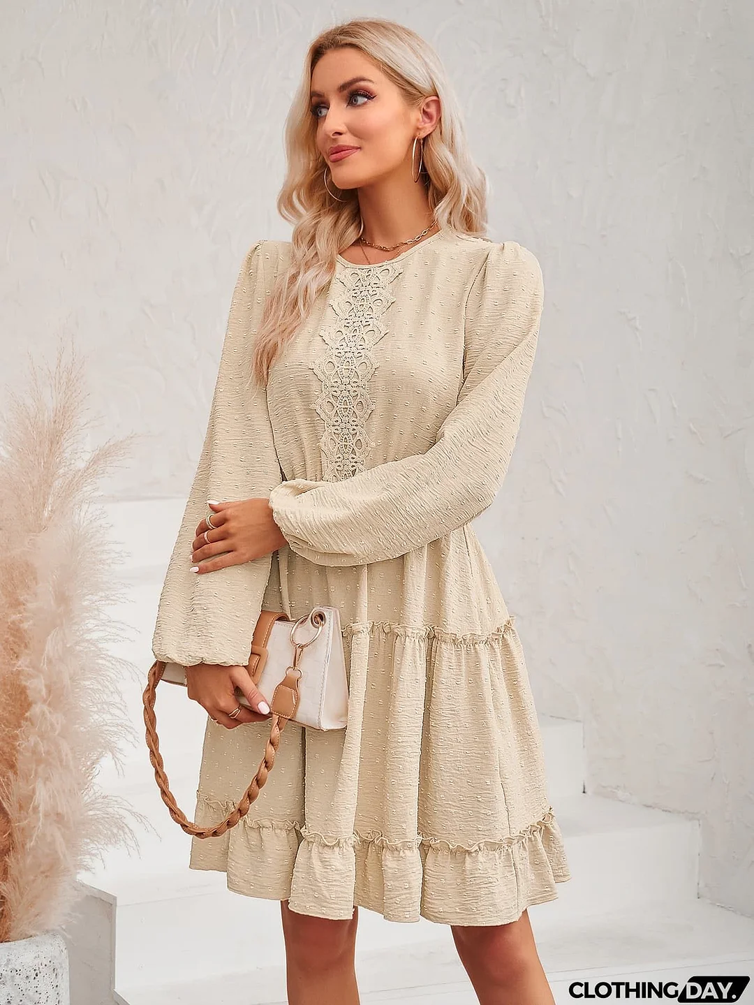 Swiss Dot Lace Trim Balloon Sleeve Dress