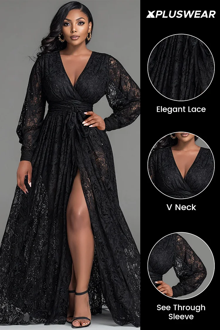 Xpluswear Design Plus Size Wedding Guest Black V Neck Long Sleeve Split Elegant See Through Lace Maxi Dresses [Pre-Order]