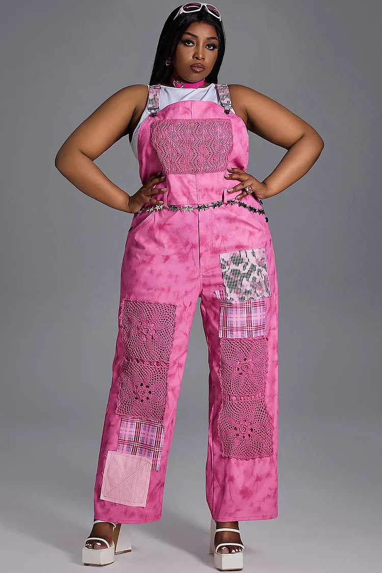 Xpluswear Design Plus Size Daily Jumpsuit Pink Tie-Dye Print Overalls Jumpsuit With Pocket [Pre-Order]