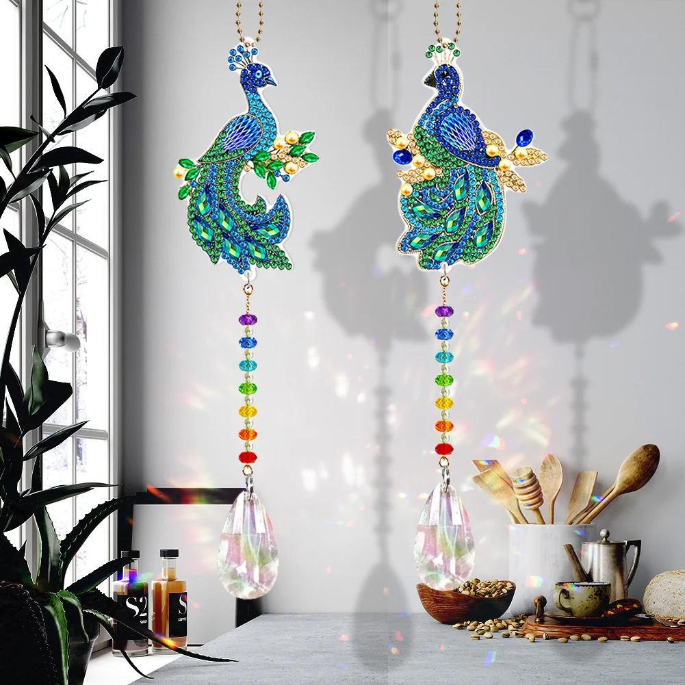 2pcs DIY Diamond Painting Sun Catcher Pendant - Peacock
